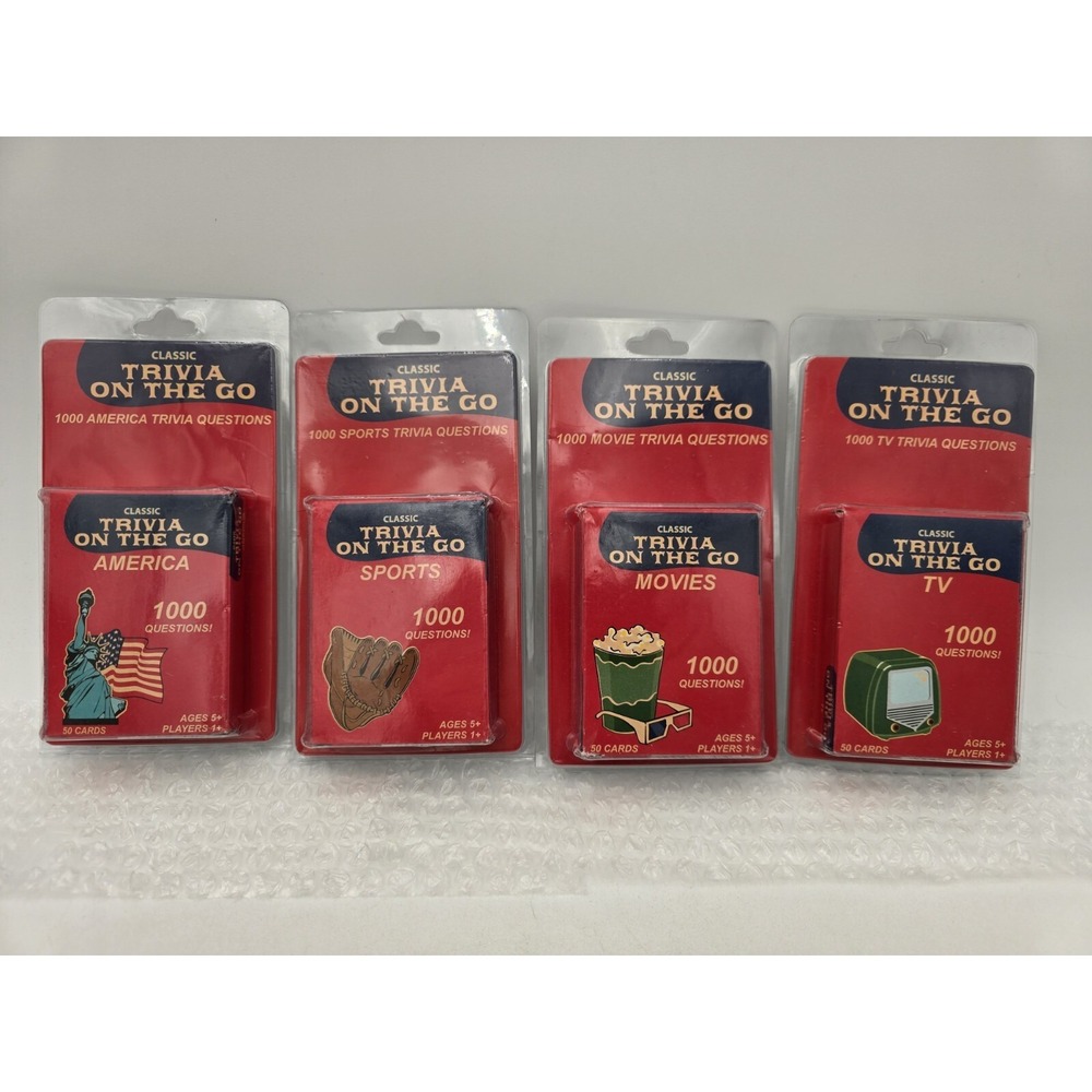 Set Of 4 Trivia On The Go Card‎ Game Packs America Sports Movies TV 2005 Fundex